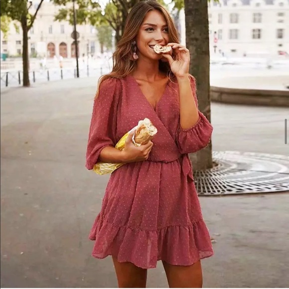 Swiss Mesh Dot Side Tie Jumpsuit Mini Dress Mauve - Picture 6 of 16